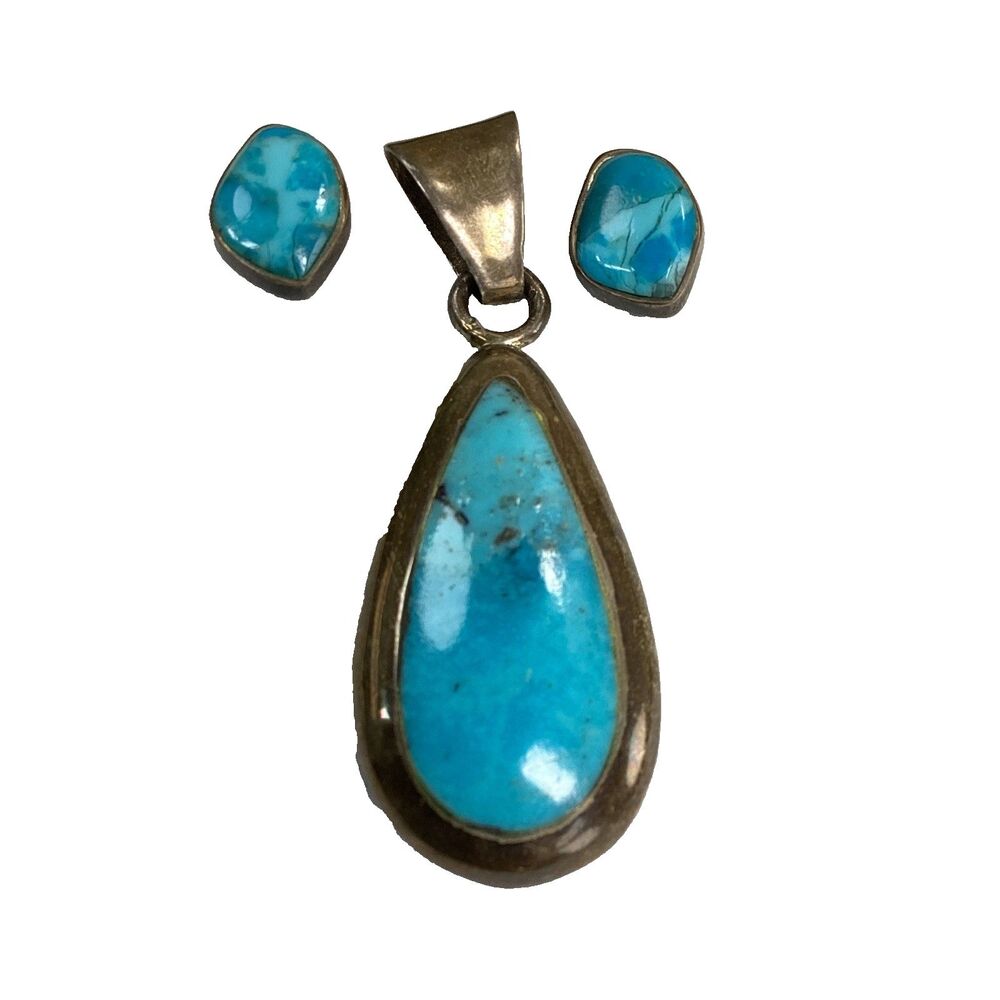 Vintage 925 Sterling Turquoise Pendant Charm Earrings Set